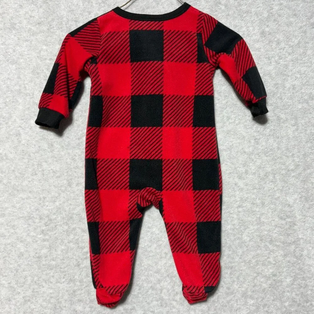 Baby 3-6M Lot of 2 Fleece Zip-Up 1-Piece Red Plaid Blue Penguin Pajama Footies